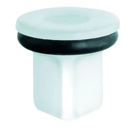 Runder, metallischer Teil mit flacher Oberseite und schwarzem Gummiring. Produkt von Grohe, wahrscheinlich ein Bestandteil für Wasserhahn oder ähnliches.
