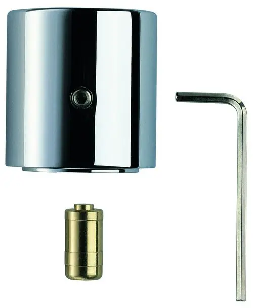 Grohe Werkzeug mit einem glänzenden, chrombeschichteten Deckel und einem goldfarbenen Einsatz, sowie einem beiliegenden Inbusschlüssel.
