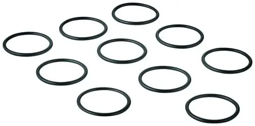 Schwarze O-Ringe in verschiedenen Größen, gruppiert auf einer Oberfläche. Ideal für Dichtungen. Enthält Produkte von Grohe.