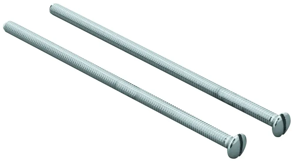 Zwei lange, verzagte Schrauben von Grohe in Chromfarbe, mit einer runden, flachen Kopfgeometrie, zur Verwendung in verschiedenen Anwendungen.