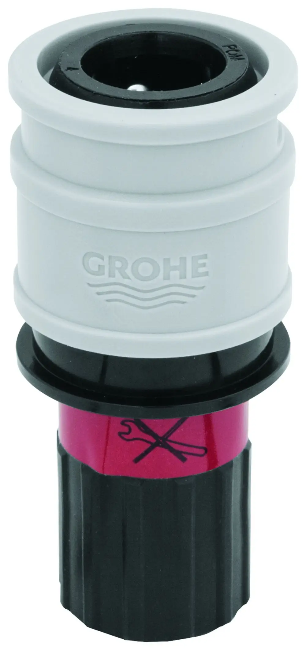 GROHE Verbindungselement in Schwarz und Grau mit einem pinken Teil, das ein Werkzeugicon zeigt, zur Montage von Sanitäranlagen.