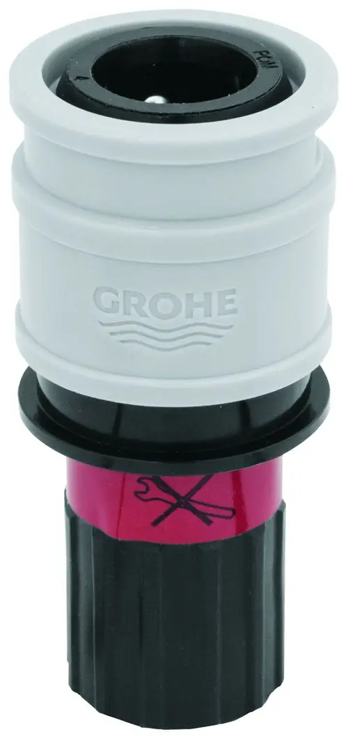 GROHE Verbindungselement in Schwarz und Grau mit einem pinken Teil, das ein Werkzeugicon zeigt, zur Montage von Sanitäranlagen.