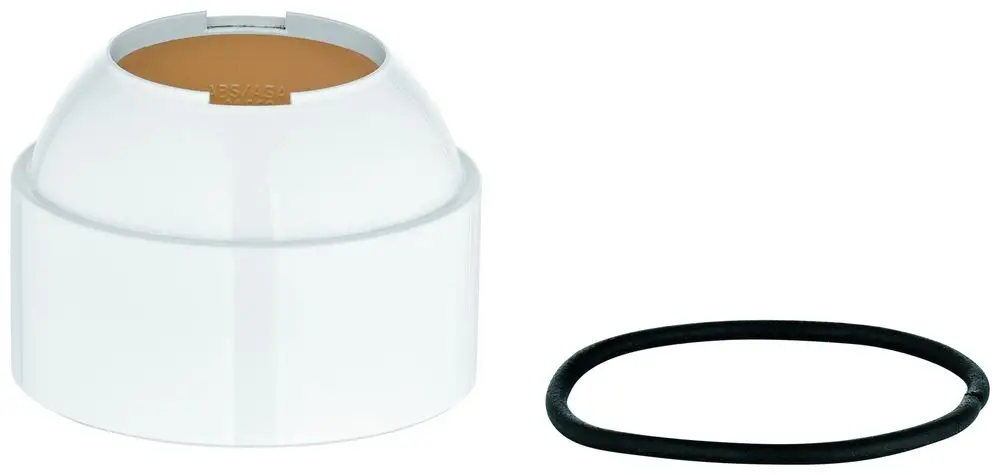 Weißer Kunststoffdeckel von Grohe mit runder Form und einer beigefarbenen Innenseite, begleitet von einem schwarzen O-Ring.