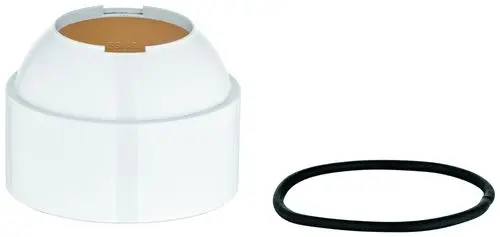 Weißer Kunststoffdeckel von Grohe mit runder Form und einer beigefarbenen Innenseite, begleitet von einem schwarzen O-Ring.
