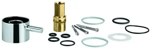 Grohe Umstellung mit verschiedenen O-Ringen, einem Chromwerkzeug und Montageschrauben, die für Sanitärinstallationen verwendet werden.