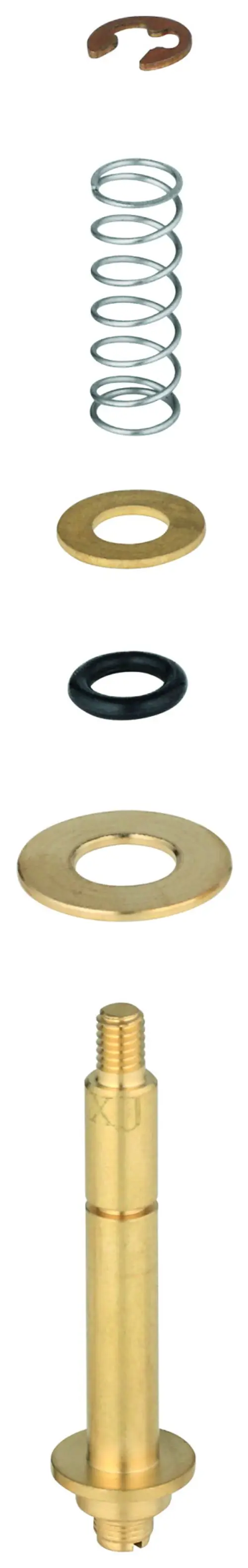 GROHE-Bauteile bestehend aus einer Feder, Unterlegscheiben, O-Ring und einem verchromten Metallkörper, die für Sanitäranwendungen verwendet werden.