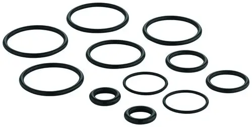 GROHE Dichtungsset mit verschiedenen O-Ringen in schwarz, die zur Abdichtung in Sanitärinstallationen verwendet werden. Mehrere Größen sind im Set enthalten.