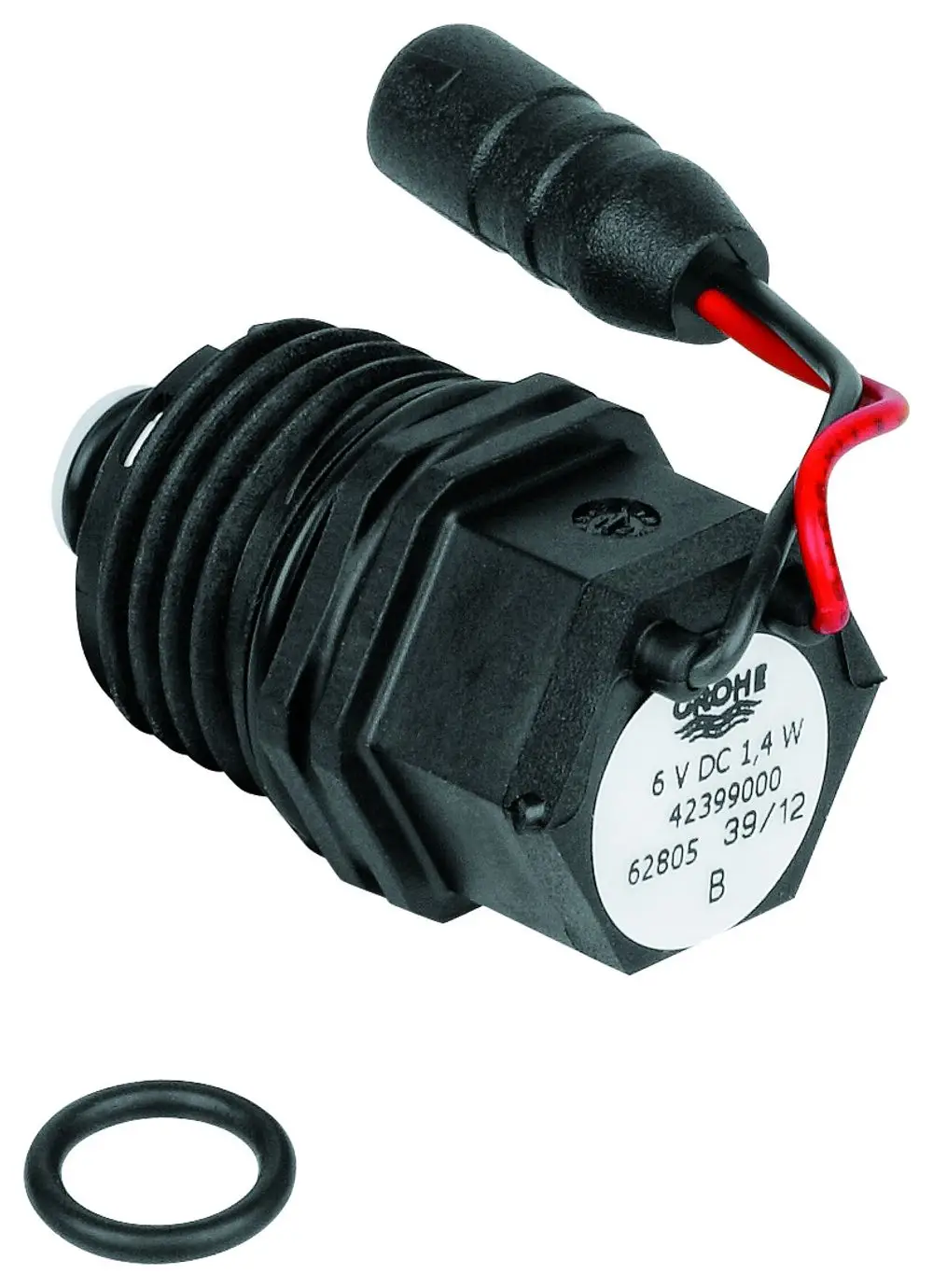 Magnetventil von Grohe mit Anschlusskabel. Das Produkt hat eine schwarze Gehäusefarbe und einen runden, weißen Anschluss mit einer O-Ringscheibe.