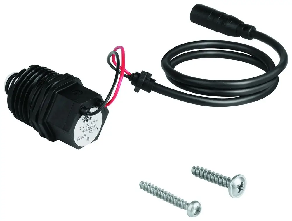 Magnetventil von Grohe mit elektrischem Anschluss und zwei Schrauben, geeignet für die Installation in entsprechenden Systemen.