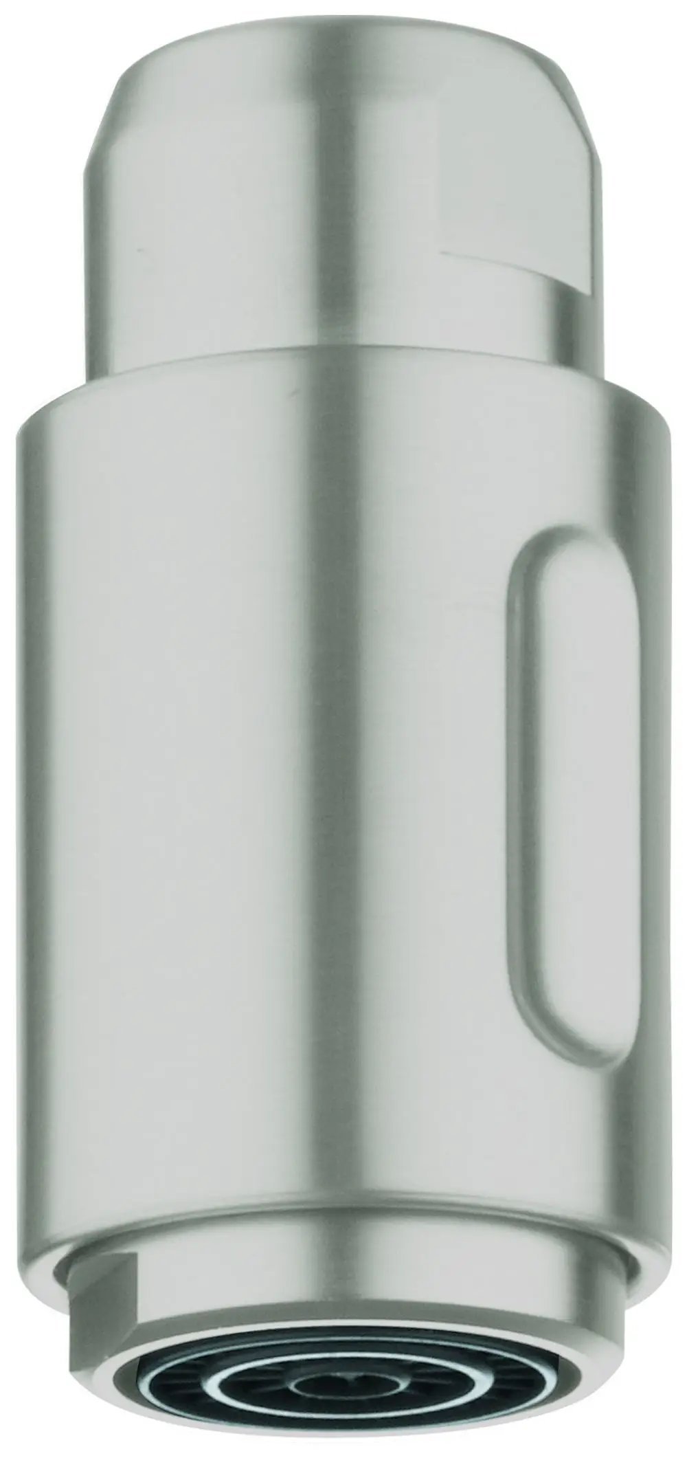 Metallene Auslaufbrause in neutraler Farbe, mit einem runden Auslass am unteren Ende und einem flachen Oberteil. Ein Produkt von Grohe für Wasseranwendungen.