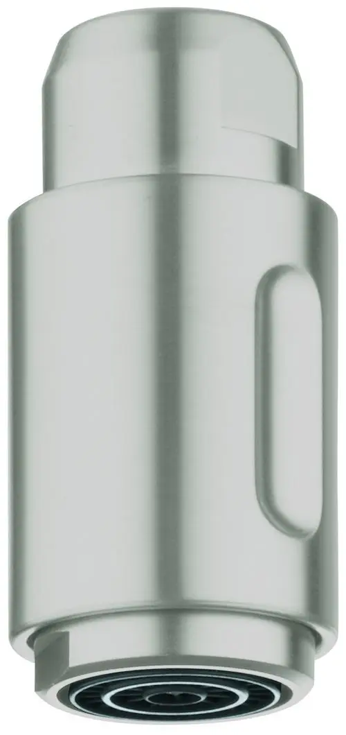 Metallene Auslaufbrause in neutraler Farbe, mit einem runden Auslass am unteren Ende und einem flachen Oberteil. Ein Produkt von Grohe für Wasseranwendungen.