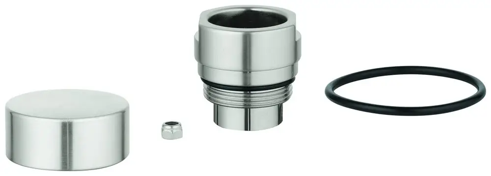 GROHE Umstellknopf in Edelstahloptik, bestehend aus mehreren Teilen: einer Kappe, einem Hauptkörper mit Gewinde, einer Dichtung und einer kleinen Schraube.