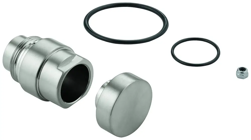 Grohe Umstellknopf in Edelstahloptik mit einem runden Deckel, O-Ringen und einer Mutter, die für den Anschluss oder die Installation verwendet werden kann.
