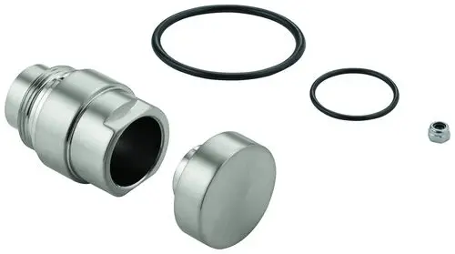 Grohe Umstellknopf in Edelstahloptik mit einem runden Deckel, O-Ringen und einer Mutter, die für den Anschluss oder die Installation verwendet werden kann.