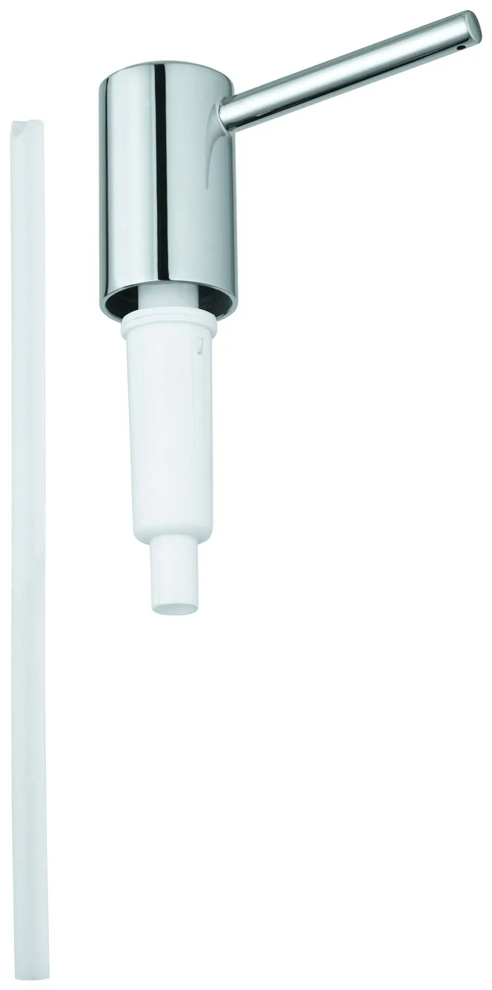 GROHE Pumpvorrichtung in Chrom-Optik mit einem Hebel und einem integrierten weißen Pumpenkörper, bereit zur Nutzung in Badezimmeranwendungen.