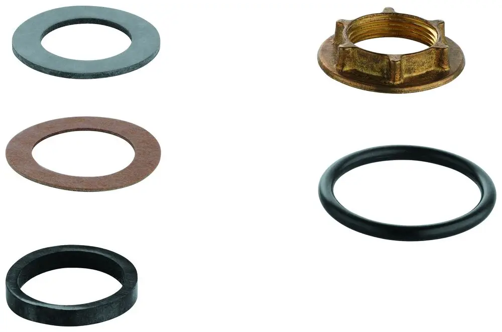 Verschiedene Unterlegscheiben und eine Gegenverschraubung in einem Bild. Zu sehen sind Materialien in unterschiedlichen Farben und Formen, einschließlich einer Marke von Grohe.