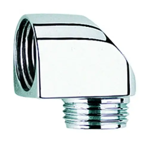 GROHE Brauseabgangswinkel aus Chrom mit einem abgewinkelten Ende und einem Außengewinde für die Montage an einer Wannenbatterie.