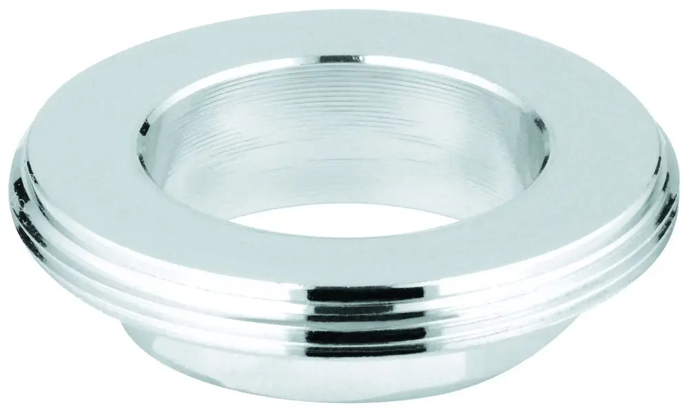 Grohe Schraubring mit flacher, runder Form und innerem Gewinde. Der glänzende Metall-Look ist typisch für Grohe Produkte. Ideal zur Befestigung in Sanitärinstallationen.
