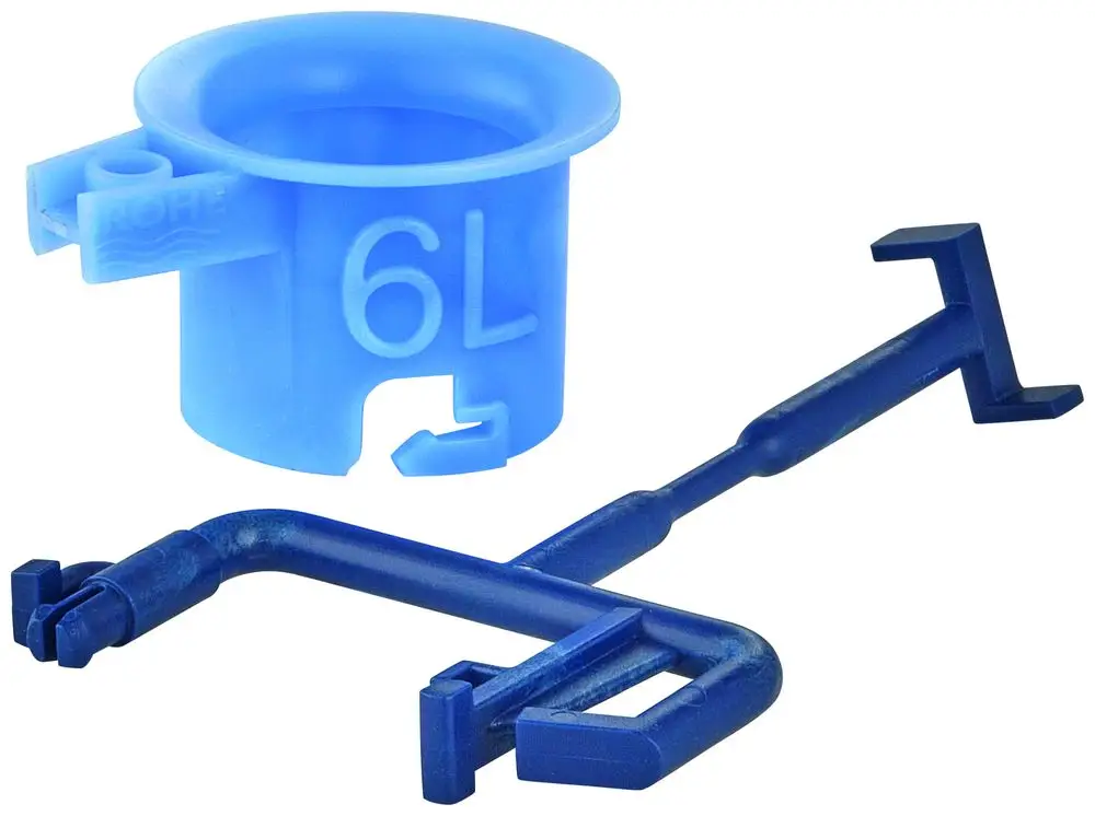 Zwei blaue Kunststoffteile von Grohe, darunter eine Zugstange und ein eindimensionaler Ring mit der Kennzeichnung "6L".
