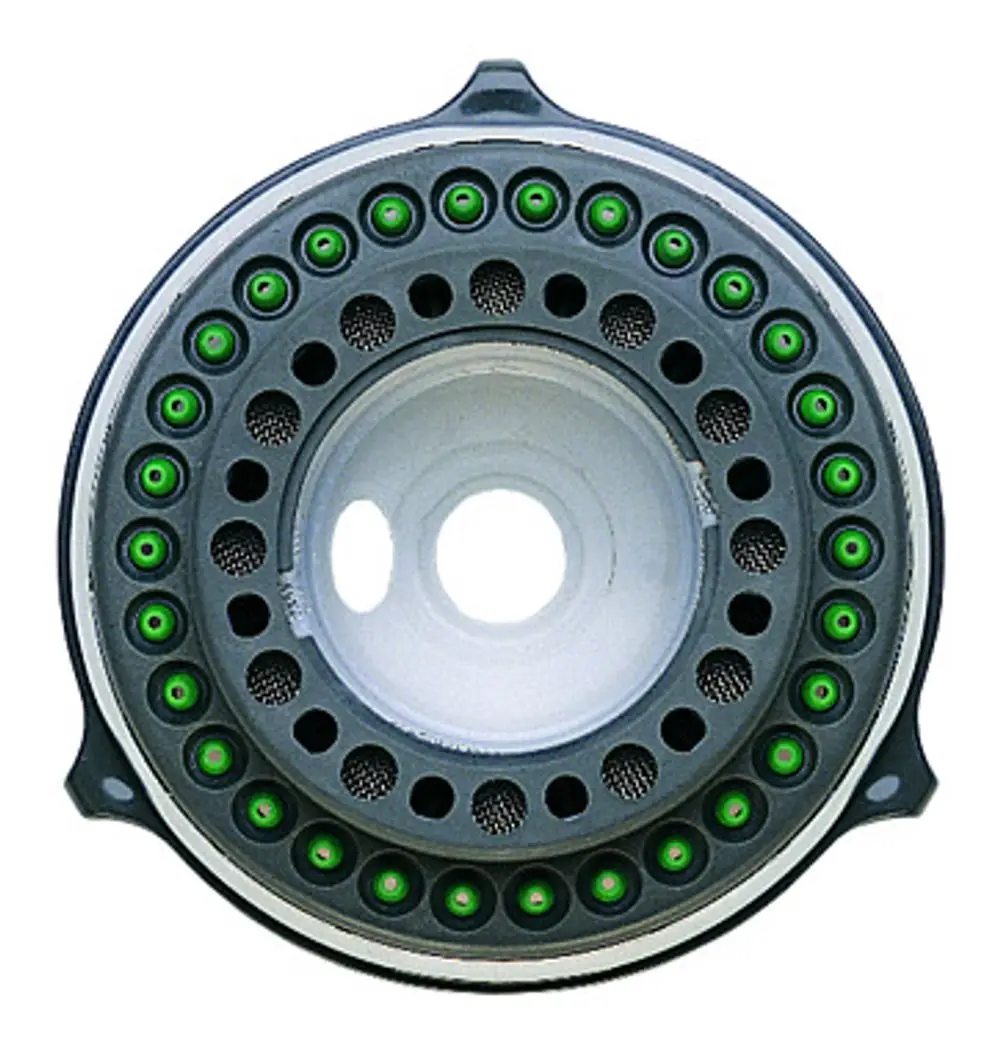 Grohe Strahlbildner mit grünem Ring und mehreren Düsen, in runder Form. Eignet sich für verschiedene Kopfbrausen und bietet eine präzise Wasserverteilung.