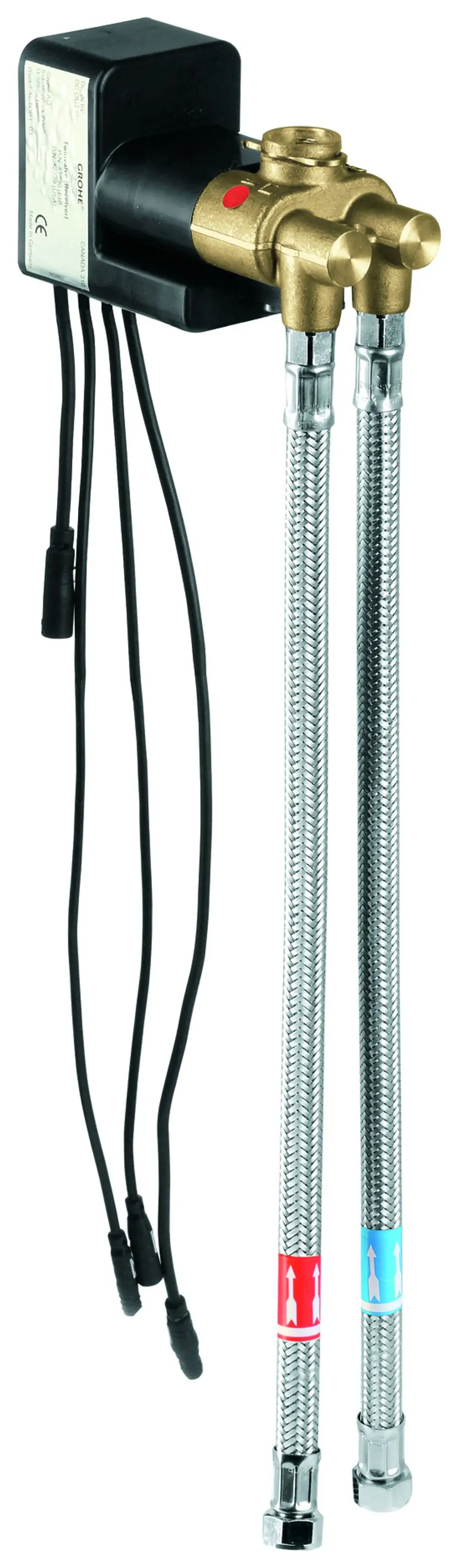 GROHE Funktionseinheit besteht aus einer Steuerbox und zwei flexiblen Zuleitungen für Warm- und Kaltwasser, angeschlossen an ein elektronisches Armaturensystem.