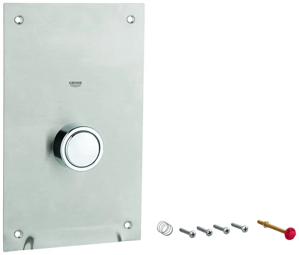 Edelstahlplatte mit runder Bedienknopf von Grohe, montiert auf einer senkrechten Fläche. Zubehörteile wie Schrauben und eine Feder sind daneben abgebildet.