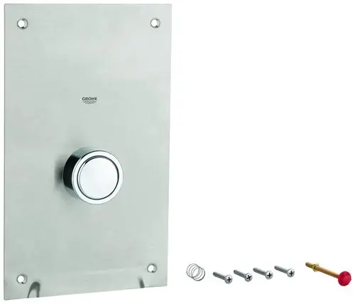 Edelstahlplatte mit runder Bedienknopf von Grohe, montiert auf einer senkrechten Fläche. Zubehörteile wie Schrauben und eine Feder sind daneben abgebildet.
