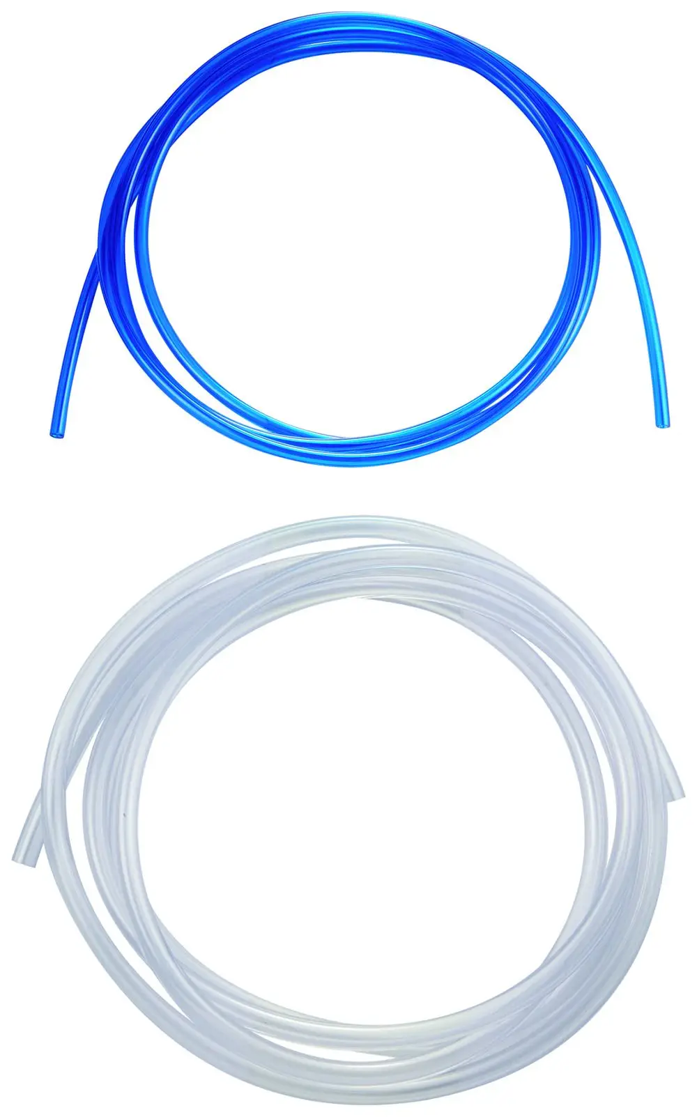 Zwei flexible Schlauchleitungen in Blau und Transparent. Die Schläuche haben einen runden Querschnitt und sind für pneumatische Anwendungen geeignet. Marke Grohe sichtbar.