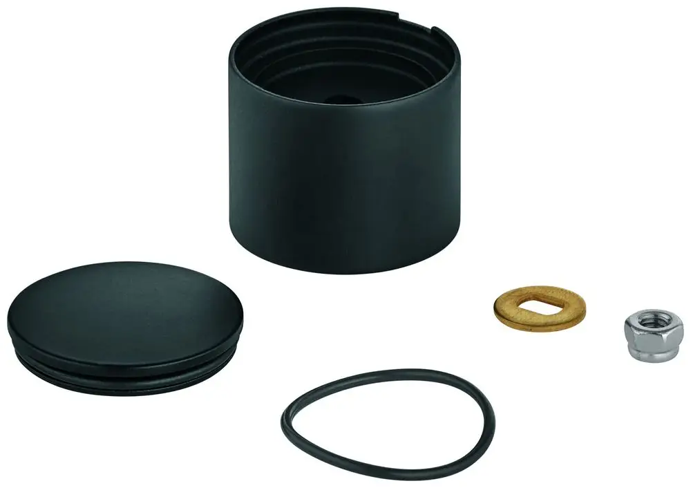 GROHE Umstellknopf in schwarz, bestehend aus einem runden Deckel, einem zylindrischen Körper, einem O-Ring, einer Dichtung und einer metallischen Schraube.