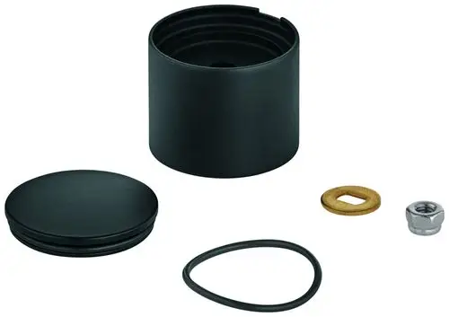GROHE Umstellknopf in schwarz, bestehend aus einem runden Deckel, einem zylindrischen Körper, einem O-Ring, einer Dichtung und einer metallischen Schraube.