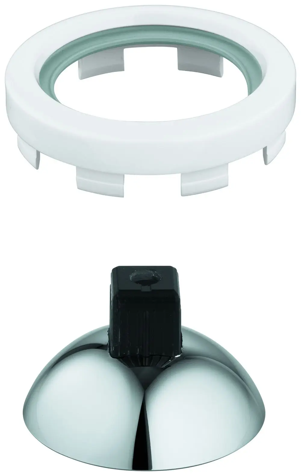Zwei Teile eines Grohe-Abdeckelements: ein weißer äußerer Ring mit Halteclips und eine glänzende, halbkugelige Abdeckung mit schwarzem Anschluss.