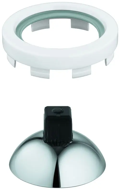 Zwei Teile eines Grohe-Abdeckelements: ein weißer äußerer Ring mit Halteclips und eine glänzende, halbkugelige Abdeckung mit schwarzem Anschluss.