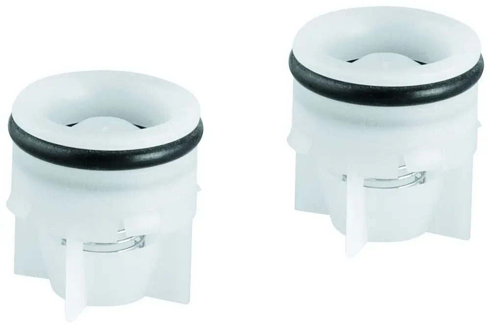 Zwei GROHE Rückflussverhinderer in weiß, mit gummiertem O-Ring. Geeignet für Wasserleitungen, um Rückfluss und Verunreinigungen zu verhindern.