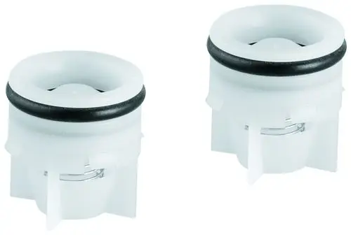 Zwei GROHE Rückflussverhinderer in weiß, mit gummiertem O-Ring. Geeignet für Wasserleitungen, um Rückfluss und Verunreinigungen zu verhindern.