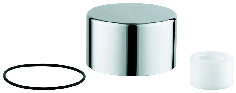Grohe Druckknopf aus Chrom mit runder Form, begleitet von einem schwarzen O-Ring und einem weißen Element.