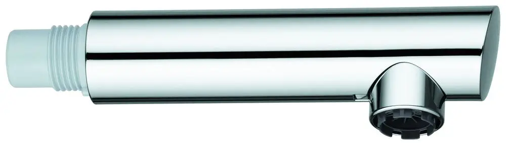 Chromfarbener Auslauf für eine Brause von Grohe, zylindrische Form mit einem Anschluss zur Befestigung. Die Oberfläche ist glänzend und spiegelt Licht wider.