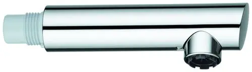 Chromfarbener Auslauf für eine Brause von Grohe, zylindrische Form mit einem Anschluss zur Befestigung. Die Oberfläche ist glänzend und spiegelt Licht wider.