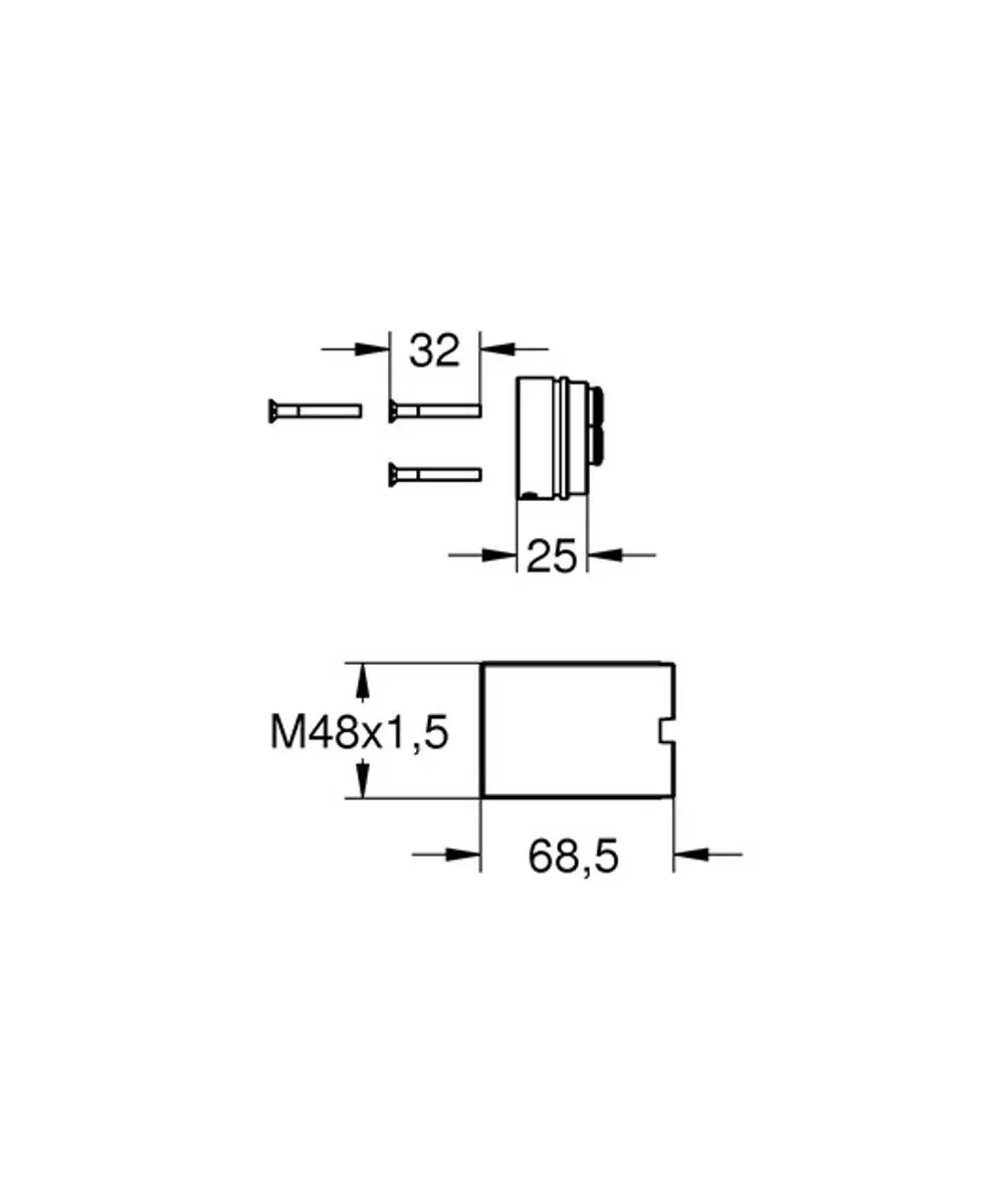Grohe Verlängerung mit zylindrischer Form und Schraublöchern, dargestellt in einer technischen Zeichnung mit Maßangaben.