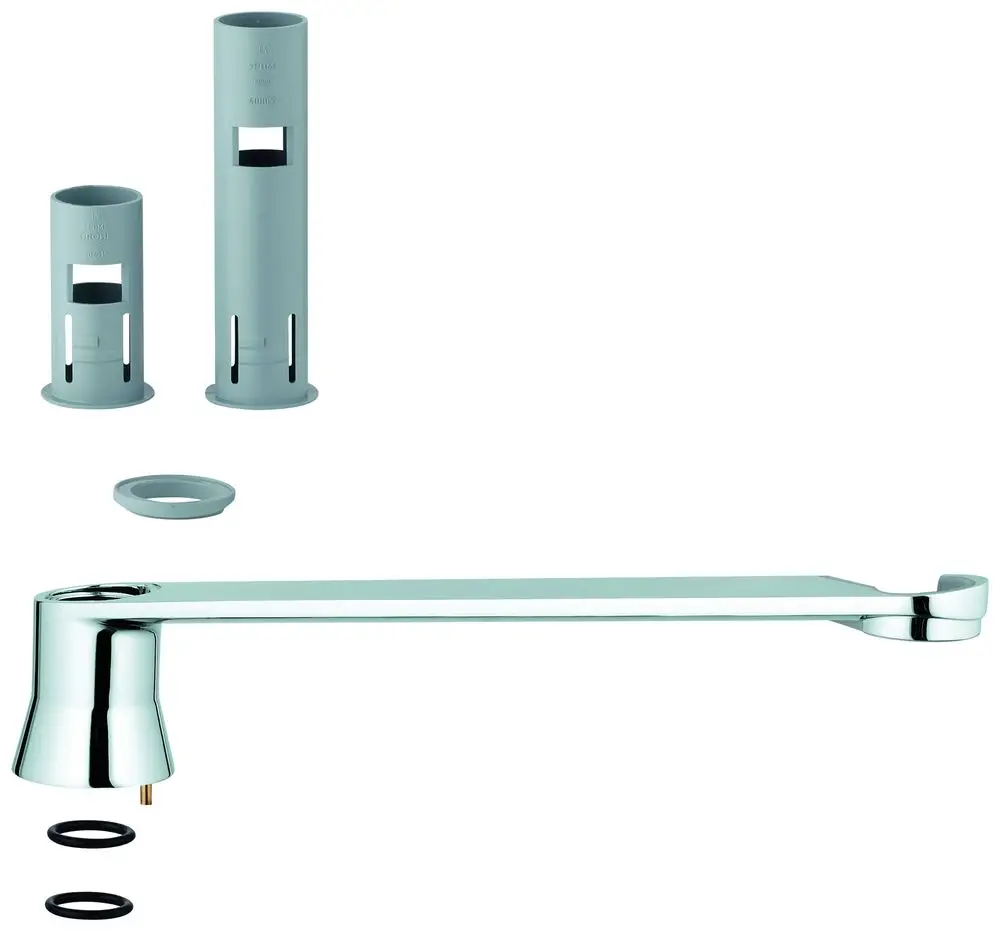 Grohe Halter in Chrom-Optik, bestehend aus einem langen Arm und zwei zylindrischen Montageschalen. Zubehörteile liegen getrennt daneben.