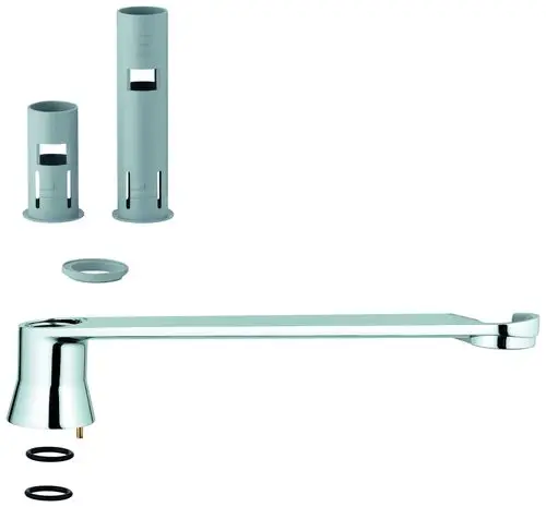 Grohe Halter in Chrom-Optik, bestehend aus einem langen Arm und zwei zylindrischen Montageschalen. Zubehörteile liegen getrennt daneben.