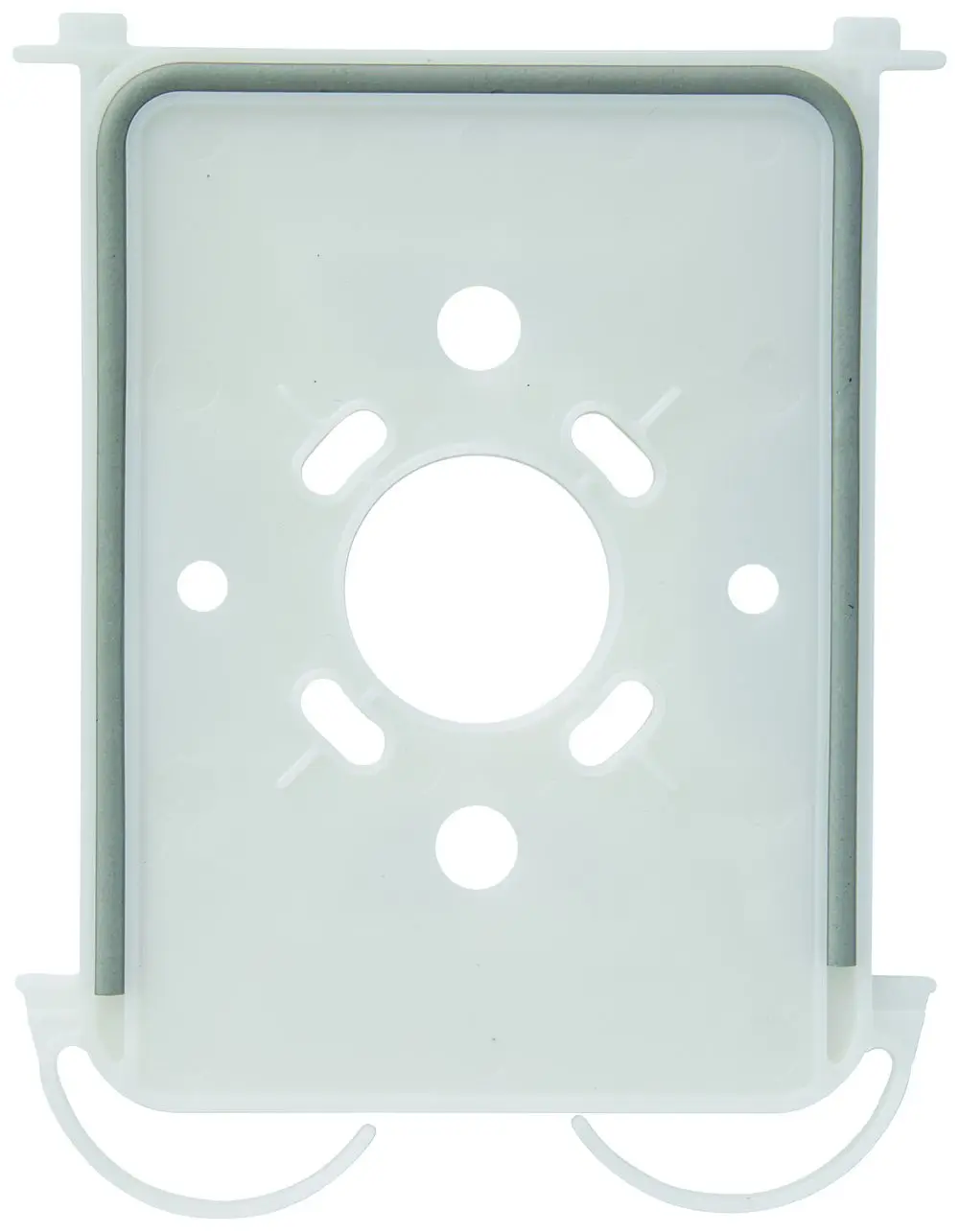Halterahmen von Grohe in transparenter Ausführung mit einer runden Öffnung in der Mitte und seitlichen Halterungen. Geeignet für Wandeinbau bei Urinal-Spülern.