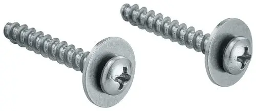 Zwei silberne Befestigungsschrauben mit Rundkopf und Kreuzschlitz, geeignet für Grohe-Produkte.