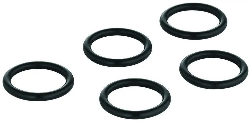 Fünf schwarze Dichtungen von Grohe, schmal und ringförmig, angeordnet auf hellem Hintergrund. Ideal für Installationen und Abdichtungen.