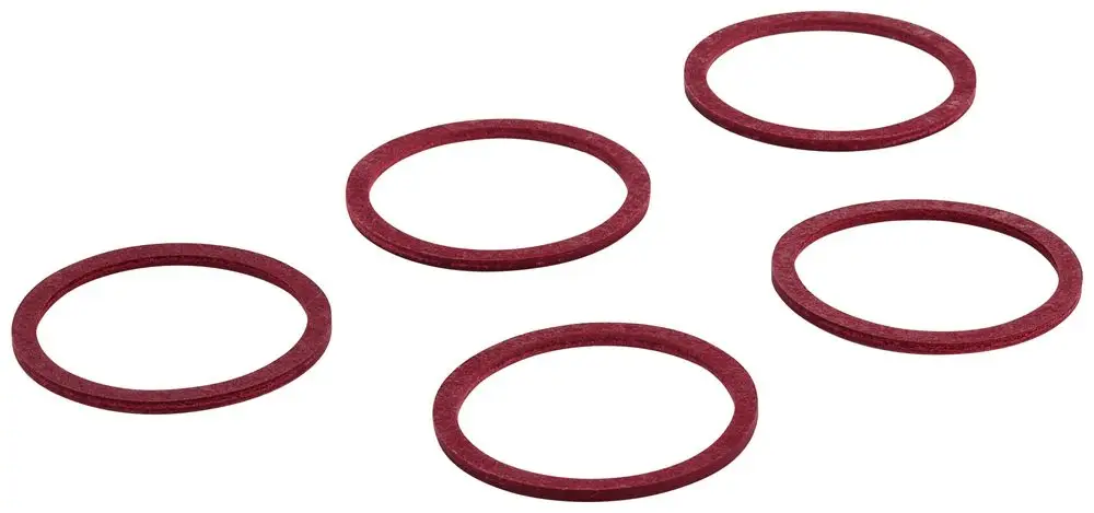 Fünf runde Dichtungen von Grohe in roter Farbe, um ein sicheres Abdichten von Verbindungen zu gewährleisten. Ideal für Sanitärinstallationen.