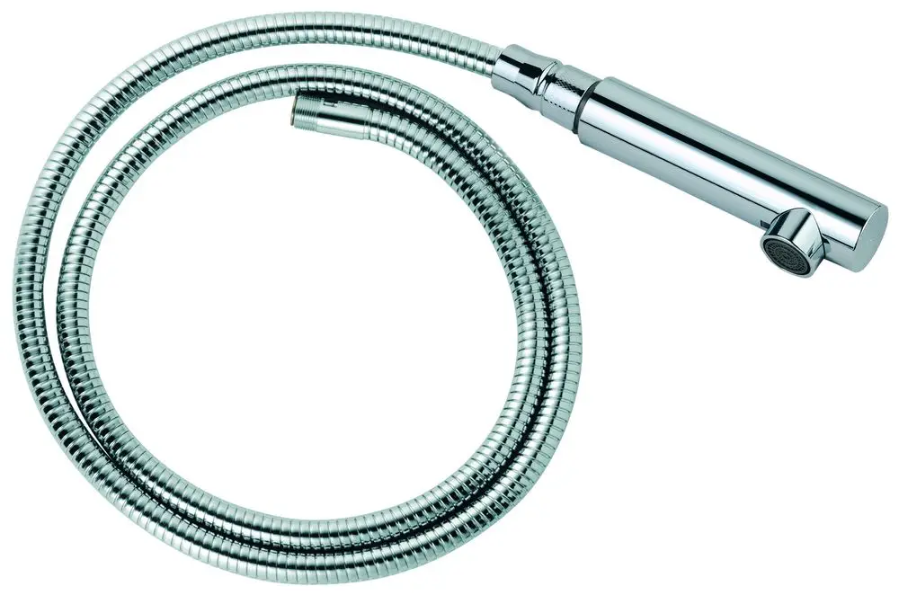 Chromfarbige Auslaufbrause von Grohe, mit flexibler Schlauchleitung, geeignet für Spültischbatterien.