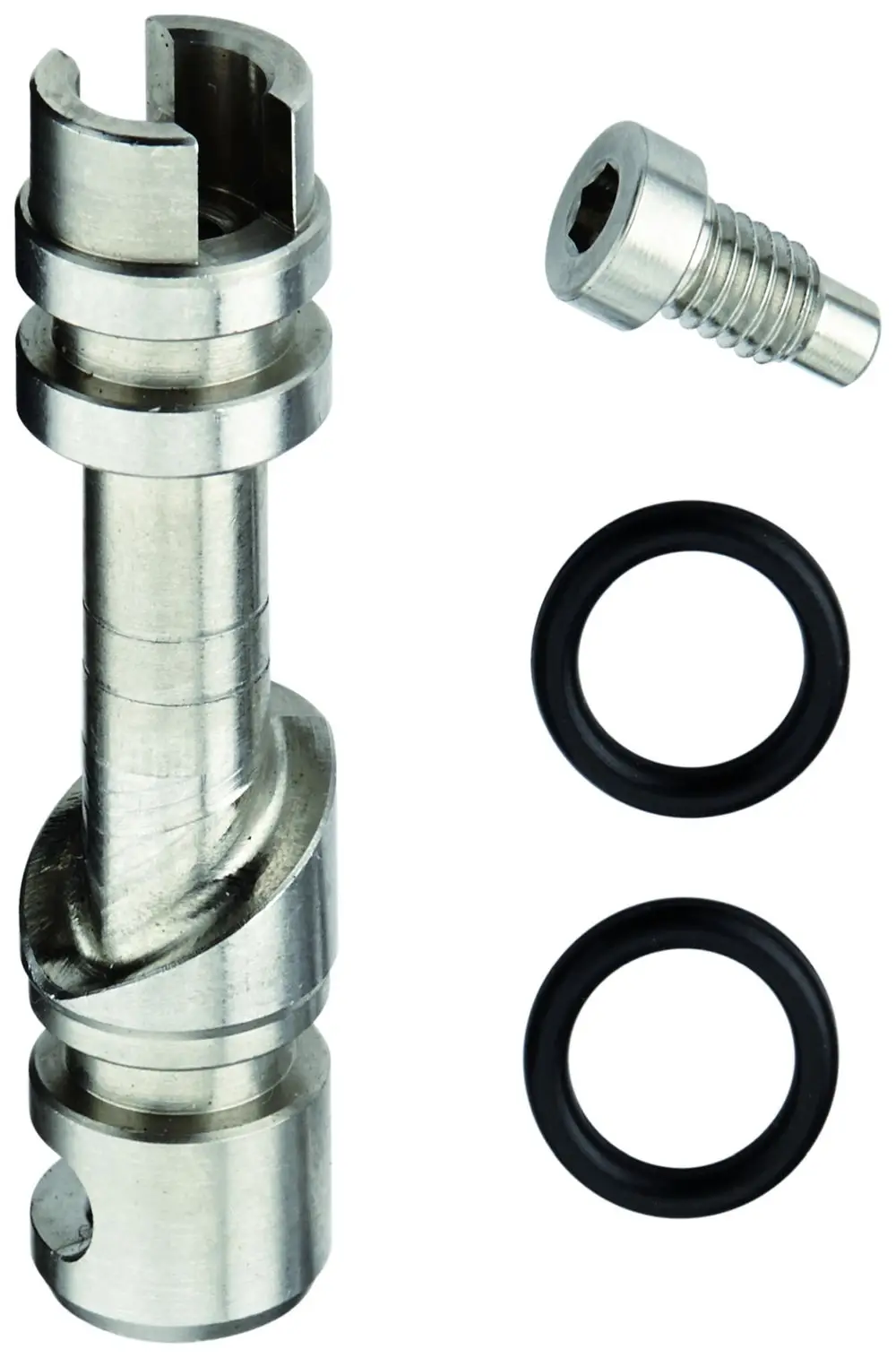 GROHE Mischwelle aus Edelstahl mit zwei Gummidichtungen und einer Schraube. Die Welle hat eine gewundene Form und Aussparungen zur Montage.