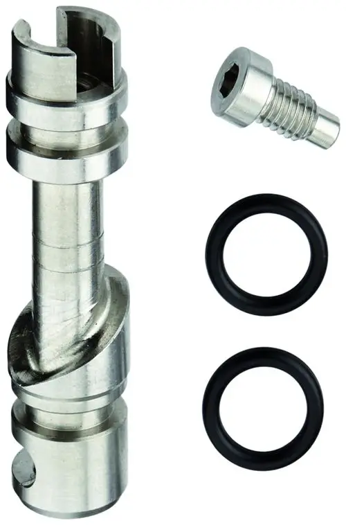 GROHE Mischwelle aus Edelstahl mit zwei Gummidichtungen und einer Schraube. Die Welle hat eine gewundene Form und Aussparungen zur Montage.