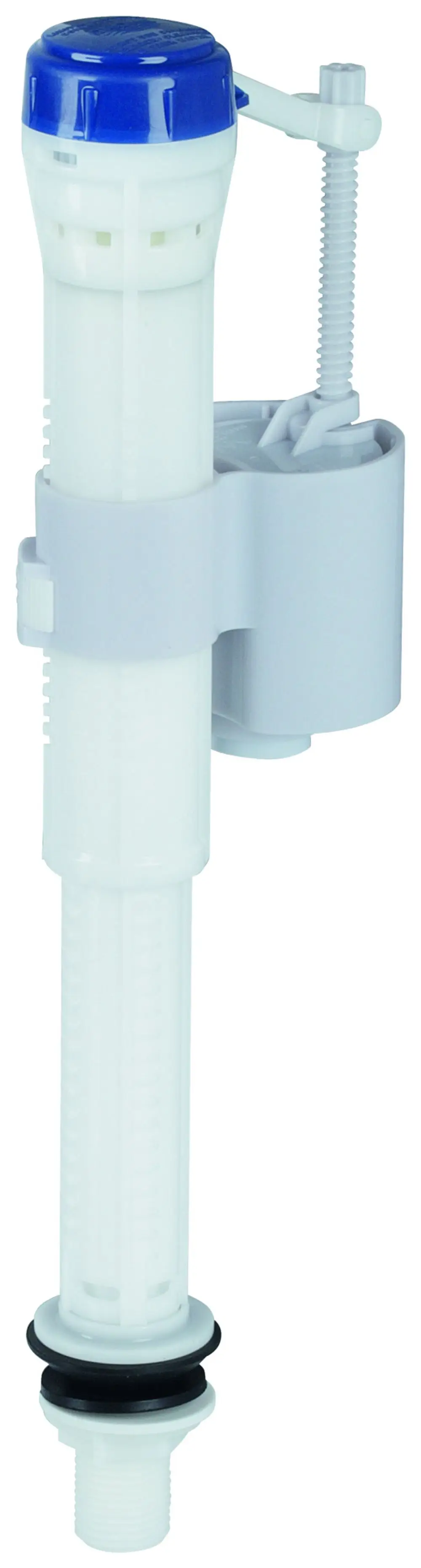 Füllventil in Weiß mit blauer Kappe, geeignet für WC-Kombinationen. Sichtbare Anschlussstelle und Einstellmechanismus zur Wasserzufuhr. Grohe Produkt.