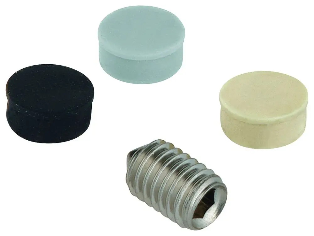 Befestigungsset mit vier runden Dichtungen in verschiedenen Farben (schwarz, grau, beige) und einer Metallverschraubung von Grohe.