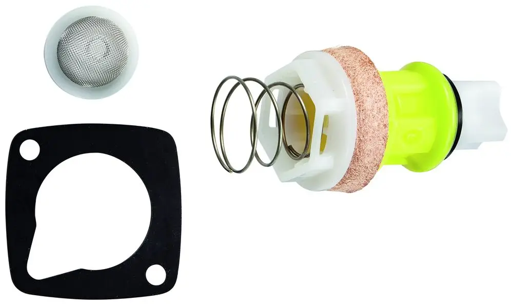 Verschiedene Komponenten für ein GROHE Produkt, einschließlich eines Kolbens, einer Feder, einer Dichtung und eines Siebs. Alles farblich unterschiedlich und unterschiedlich in Form und Funktion.